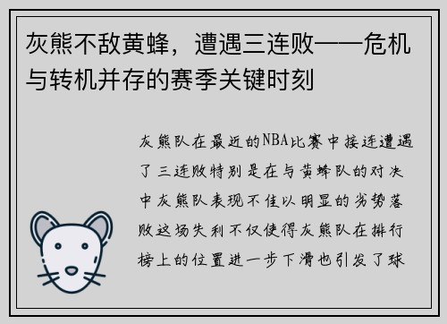 灰熊不敌黄蜂，遭遇三连败——危机与转机并存的赛季关键时刻